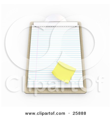 Clipart Illustration of a Yellow Sticky Note On A Sheet Of Lined Paper On A Wooden Clipboard, Over White by KJ Pargeter