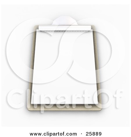 Clipart Illustration of a Wooden Clipboard With A Blank Sheet Of Paper, On White by KJ Pargeter