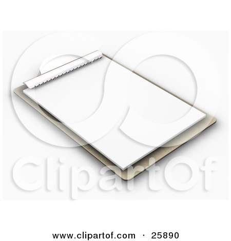 Clipart Illustration of a Wood Clipboard With A Blank Sheet Of Paper, On White by KJ Pargeter