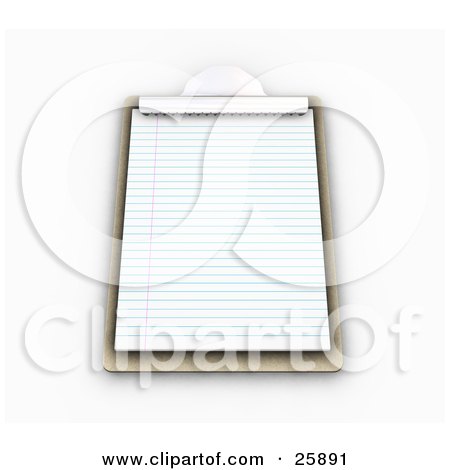 Clipart Illustration of a Wood Clipboard With Lined Sheets Of Paper, On White by KJ Pargeter