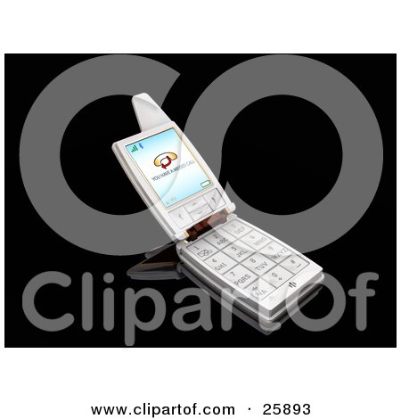 Clipart Illustration of a Silver Flip Phone With A Missed Call Message On The Screen, Over Black by KJ Pargeter
