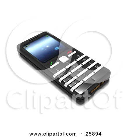 Clipart Illustration of a Flat Black And Silver Cellphone With A Blue Screen, Over White by KJ Pargeter