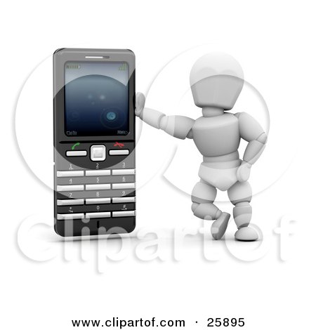 Clipart Illustration of a White Character Leaning Against A Black And Silver Cell Phone, Over White by KJ Pargeter