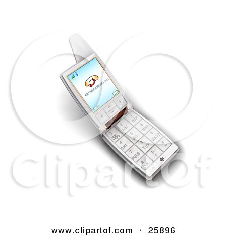 Clipart Illustration of a Silver Flip Phone With A Missed Call Message On The Screen, Over White by KJ Pargeter