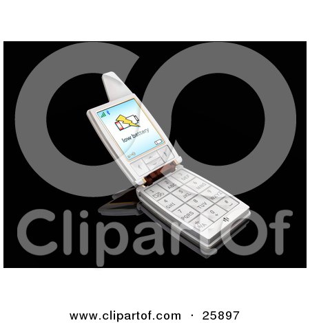 Clipart Illustration of a Silver Flip Phone With A Low Battery Warning On The Screen, Over Black by KJ Pargeter