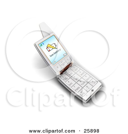 Clipart Illustration of a Silver Flip Phone With A Low Battery Warning On The Screen, Over White by KJ Pargeter