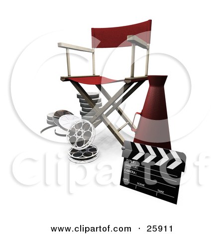 Clipart Illustration of a Red Director's Chair, Cone, Film Reels And Clapperboard, On White by KJ Pargeter