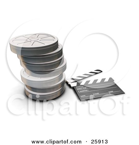 Clipart Illustration of a Movie Drector's Clapper Board Resting By Stacked Closed Metal Film Reels Over White by KJ Pargeter