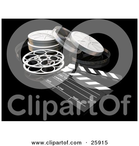 Clipart Illustration of Film, Reels And A Clapboard On A Black Surface by KJ Pargeter