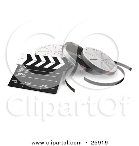Clipart Illustration of a Clapperboard And Film Reel Cans Over White by KJ Pargeter