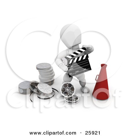Clipart Illustration of a White Character Holding A Clapper And Standing With A Megaphone And Film Reels At His Feet by KJ Pargeter