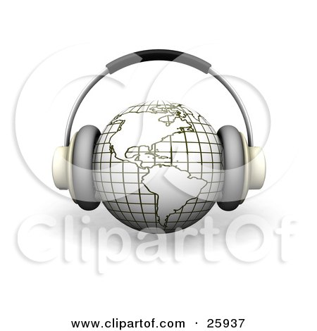 Clipart Illustration of Headphones On A White And Yellow Globe Featuring The Americas, Over White by KJ Pargeter