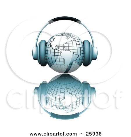 Clipart Illustration of a Pair Of Headphones On A Blue Globe Featuring The Americas, Over A White Reflective Surface by KJ Pargeter