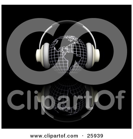 Clipart Illustration of a Pair Of Headphones On A Globe Featuring The Americas, Over A Black Reflective Surface by KJ Pargeter