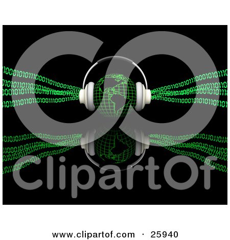 Clipart Illustration of Headphones On Top Of A Green Globe Featuring The Americas, With Binary Code by KJ Pargeter