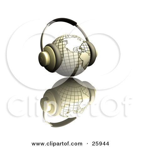 Clipart Illustration of a Pair Of Headphones On A Yellow Globe Featuring The Americas, Over A White Reflective Surface by KJ Pargeter