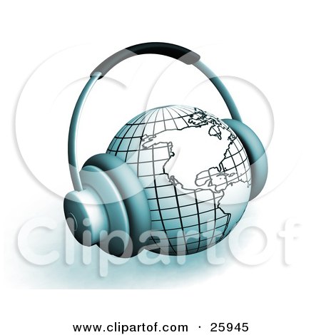 Clipart Illustration of Headphones On A White And Blue Globe Featuring The Americas, Over White by KJ Pargeter