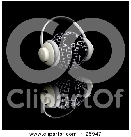 Clipart Illustration of a Pair Of Headphones On A Globe Featuring The Americas, Facing Slightly Right, Over A Black Reflective Surface by KJ Pargeter