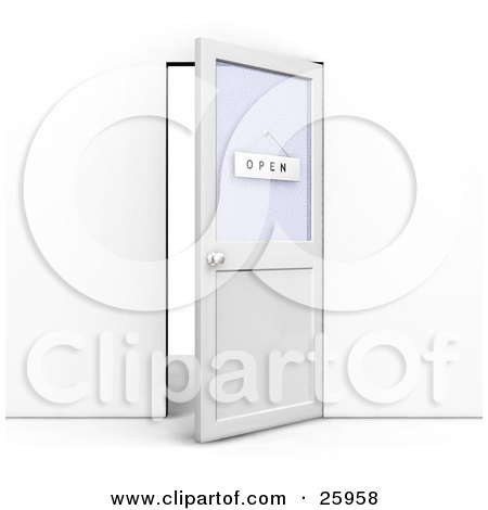 Clipart Illustration of an Open Office Door With An Open Sign Hanging On The Window by KJ Pargeter
