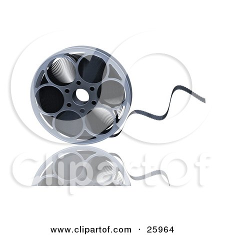 Clipart Illustration of Film Coming Out Of A Metal Reel, Over A Reflective White Surface by KJ Pargeter