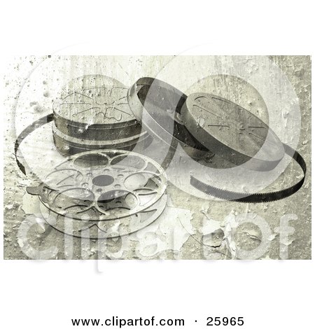Clipart Illustration of an Open Movie Film Reel And Cases With A Peeling Grunge Texture by KJ Pargeter