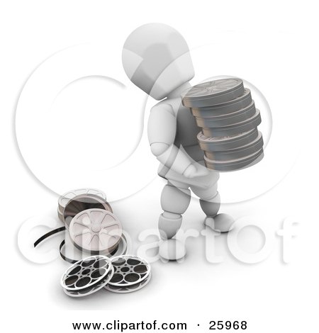 Clipart Illustration of a White Character Carrying A Stack Of Film Reels In A Production Studio by KJ Pargeter