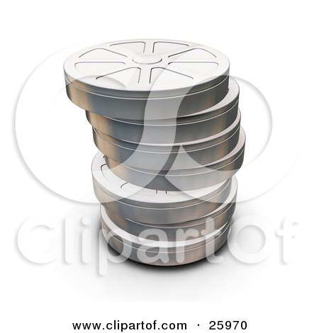Clipart Illustration of Stacked Closed Metal Film Reels Over White by KJ Pargeter