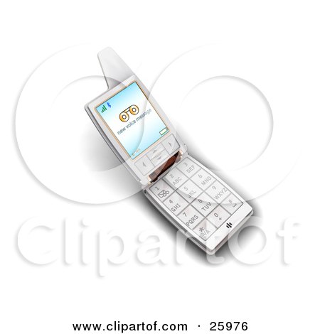 Clipart Illustration of a Silver Flip Phone With A New Voice Message Notice On The Screen, Over White by KJ Pargeter