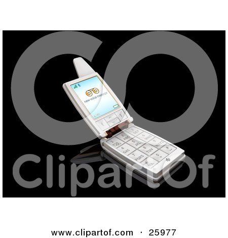 Clipart Illustration of a Silver Flip Phone With A New Voice Message Notice On The Screen, Over Black by KJ Pargeter