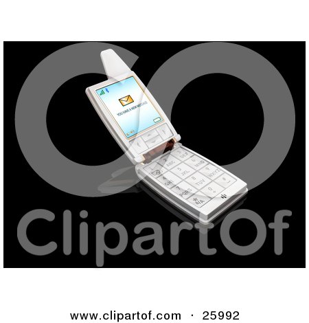 Clipart Illustration of a Silver Flip Phone With A New Message Notice On The Screen, Over Black by KJ Pargeter