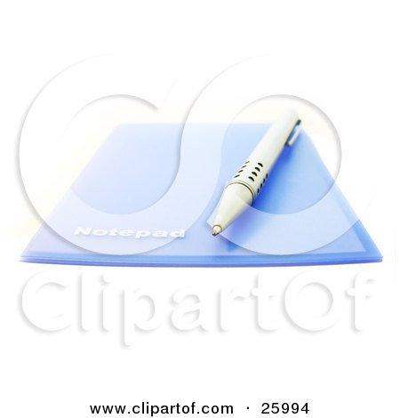Clipart Illustration of a Pen On Top Of A Blue Notepad, Over White by KJ Pargeter