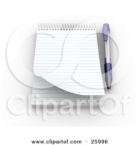 Clipart Illustration of a Pen Resting Beside A Spiral Notepad With Blank Pages, Resting On A White Surface by KJ Pargeter