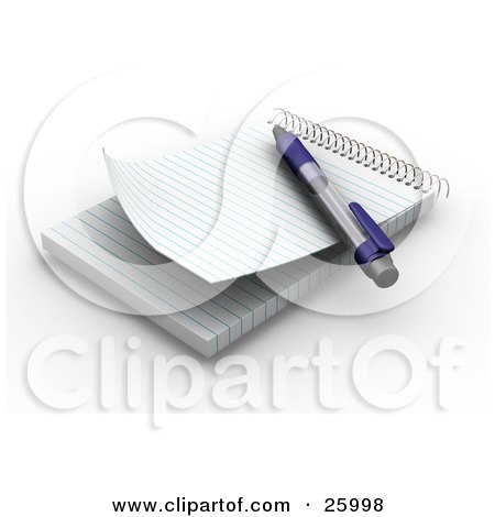 Clipart Illustration of a Pen Resting On A Spiral Notepad With Blank Pages, Resting On A White Surface by KJ Pargeter