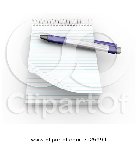 Clipart Illustration of a Pen On Top Of A Spiral Notepad With Blank Pages, Resting On A White Surface by KJ Pargeter