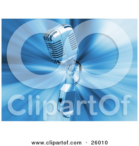 Clipart Illustration of a Retro Chrome Microphone Over A Blue Bursting Background by KJ Pargeter