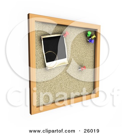 Clipart Illustration of a Cork Board With Red, Green, Yellow And Blue Pins With A Blank Polaroid Picture by KJ Pargeter
