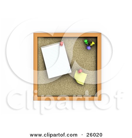Clipart Illustration of a Cork Board With A Blank Sticky Note And Paper by KJ Pargeter
