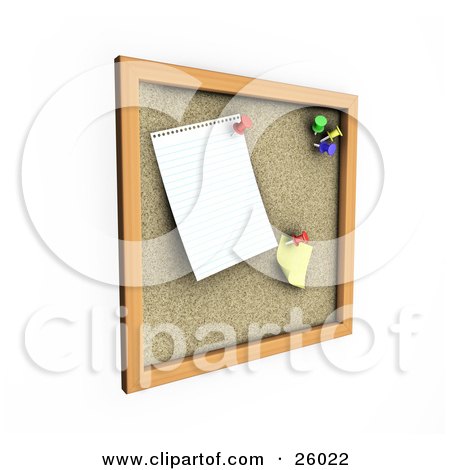 Clipart Illustration of a Blank Paper And Sticky Note Tacked Up On A Cork Board by KJ Pargeter