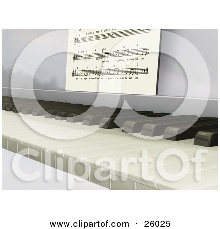 Clipart Illustration of a Closeup Of The Keys Of A Piano With Sheet Music Propped Up by KJ Pargeter