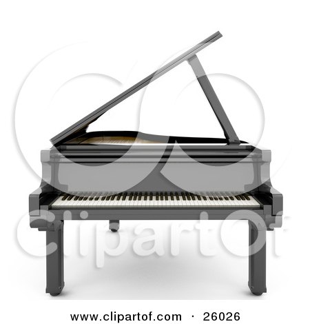 Clipart Illustration of a Glossy Black Grand Piano With The Top Open, Facing Front, Over White by KJ Pargeter