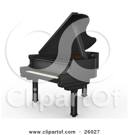 Clipart Illustration of a Flat Black Grand Piano With The Top Open, Facing To The Left, Over White by KJ Pargeter
