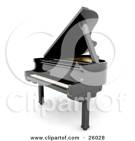 Clipart Illustration of a Glossy Black Grand Piano With The Top Open, Facing To The Left, Over White by KJ Pargeter