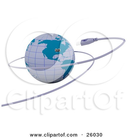 Clipart Illustration of a USB Cable Winding Around A Globe And Preparing To Plug Into A Socket by KJ Pargeter