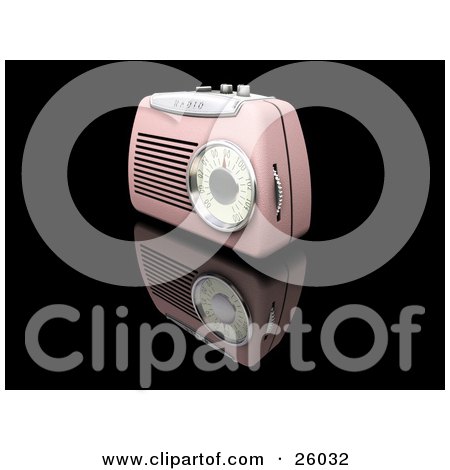Clipart Illustration of a Retro Pink Radio With A Station Dial, On A Reflective Black Surface by KJ Pargeter