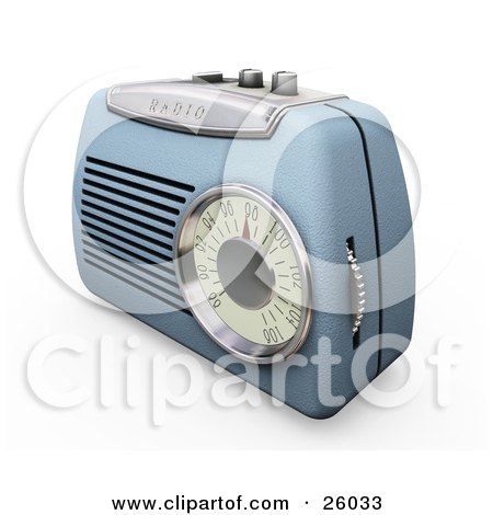 Clipart Illustration of a Retro Blue Radio With A Station Dial, On A White Surface by KJ Pargeter