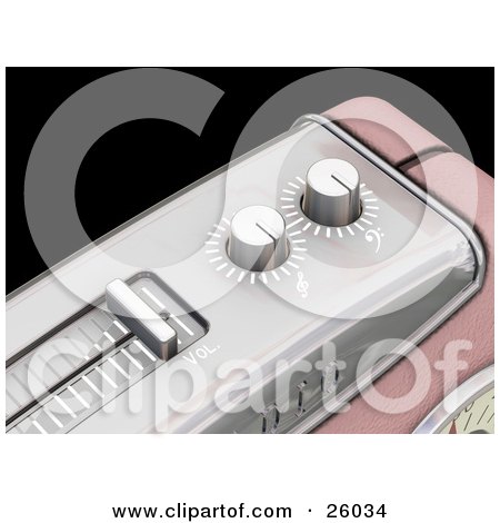 Clipart Illustration of a Closeup Of Volume, Bass And Treble Knobs Ona Retro Pink Radio, Over Black by KJ Pargeter