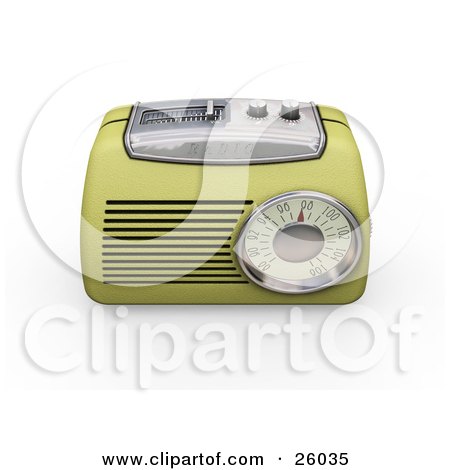 Clipart Illustration of a Vintage Greenish Yellow Radio With A Station Tuner, On A White Background by KJ Pargeter