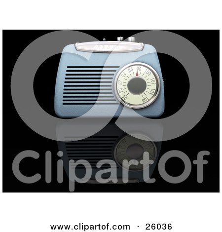 Clipart Illustration of a Vintage Blue Radio Box On A Reflective Black Surface by KJ Pargeter
