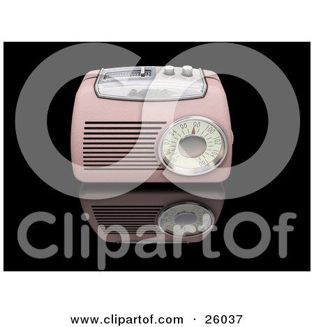 Clipart Illustration of a Vintage Pink Radio With A Station Tuner, On A Reflective Black Surface by KJ Pargeter