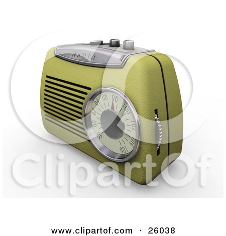 Clipart Illustration of a Retro Greenish Yellow Radio With A Station Dial, On A White Surface by KJ Pargeter